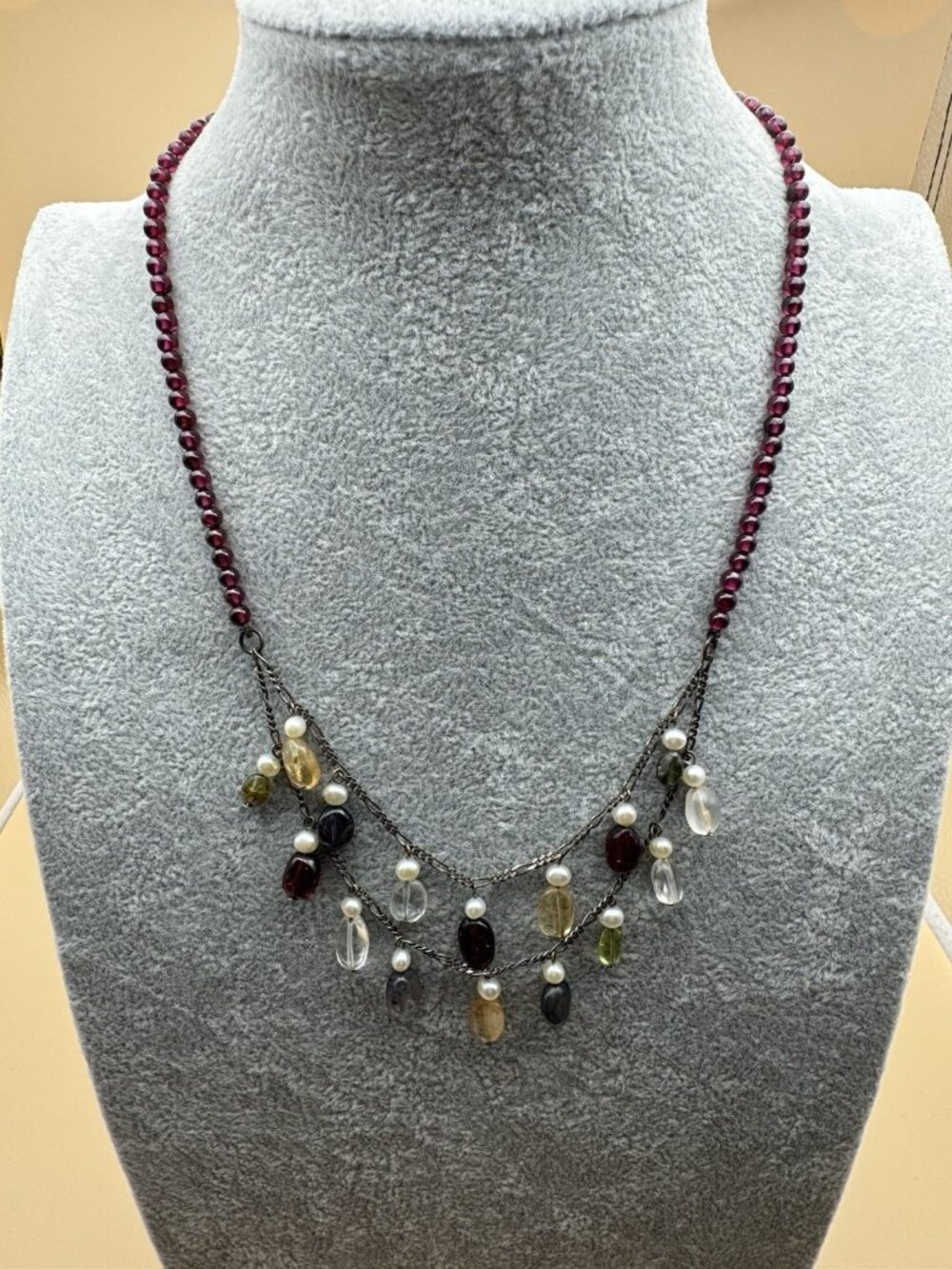 20" Burgundy Purple Beaded Necklace Multi Gem color Dangles Layered Fashion
